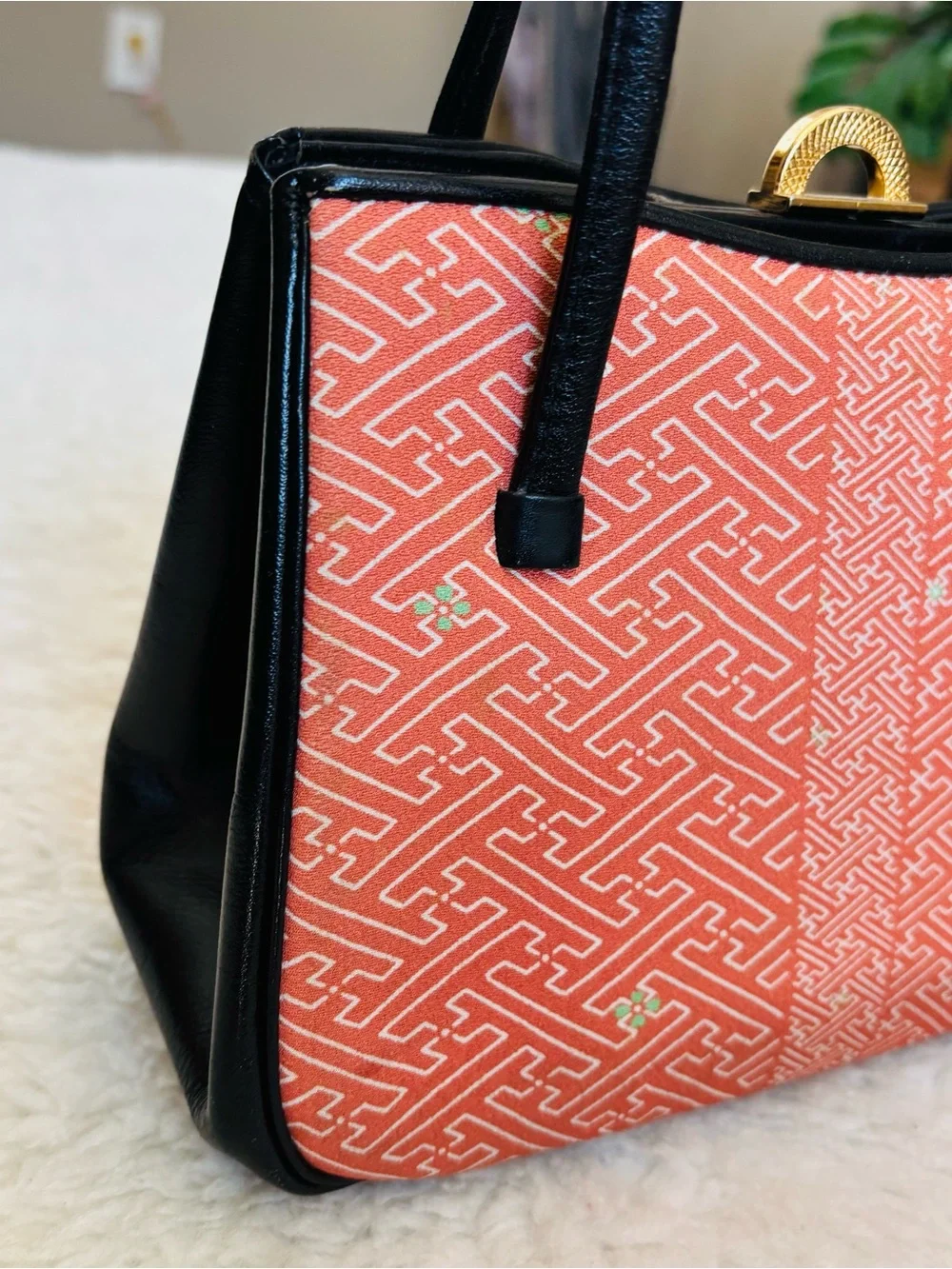 Kimono Japanese black leather  Orange Fabric Small Handbag/Satchels Bag